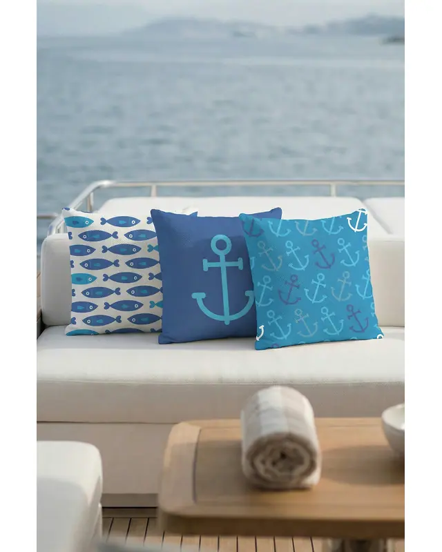 Set of 3 Sea Pattern Cushion Cover Water-Resistant Wipe-Clean Digitally Printed Boat and Yacht Decor SET01