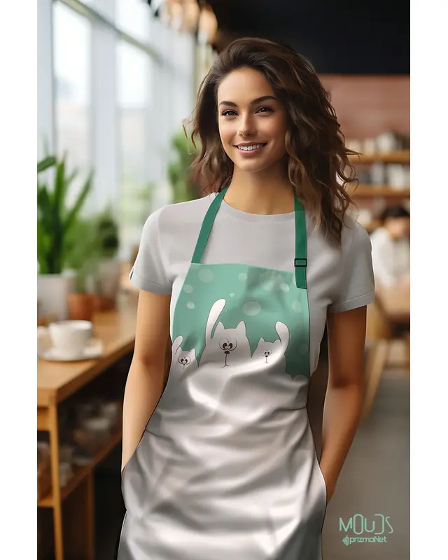 Suede Textured Fabric Cats Gang Patterned Kitchen Apron, Chef Apron, Waiter Cover, Restaurant Apron - MTF-34 - 2