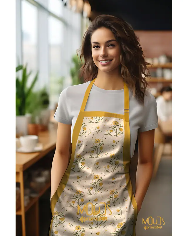 Süet Dokulu Kumaş Camomile Papatya Desenli Mutfak Önlüğü, Aşçı Önlüğü, Garson Önlüğü, Restoran Önlük