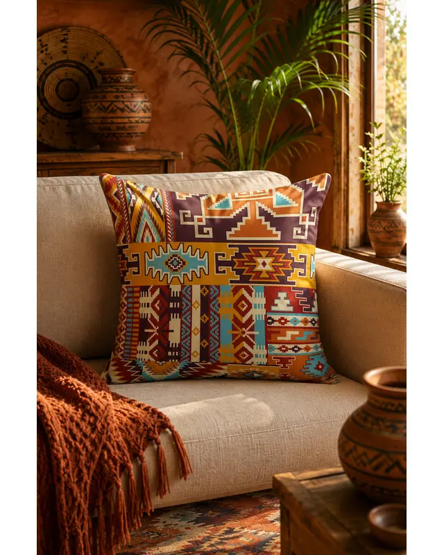 Çift Tarafı Baskılı Etnik Kilim Desenli 4'lü Kombin Süet Kırlent Kılıfı - 5