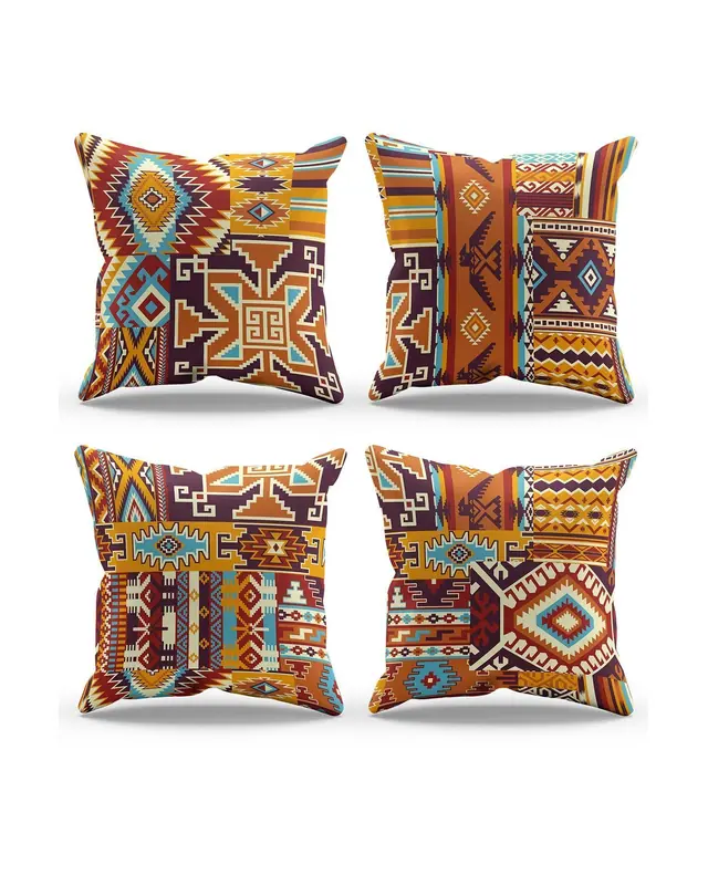Çift Tarafı Baskılı Etnik Kilim Desenli 4'lü Kombin Süet Kırlent Kılıfı - 3