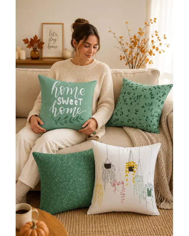 Double-Sided Printed Green Sweet Home Series Pattern Set of 4 Coordinated Suede Cushion Cover - PLG204 - 2