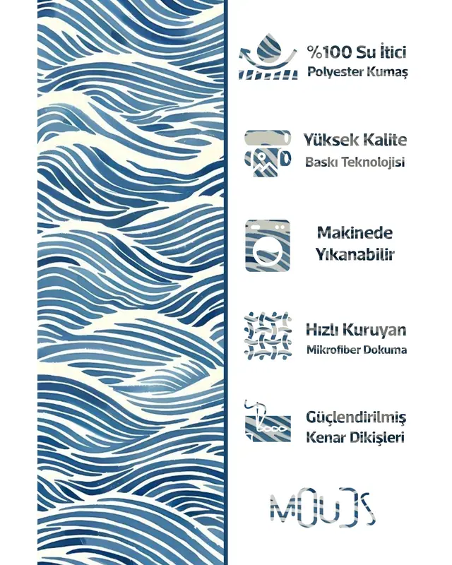 Banyo Perdesi, Mavi Dalga Desenli Duş Perdesi, Küvet Perdesi, Halka Hediyeli 175x200cm BP-03 - 2