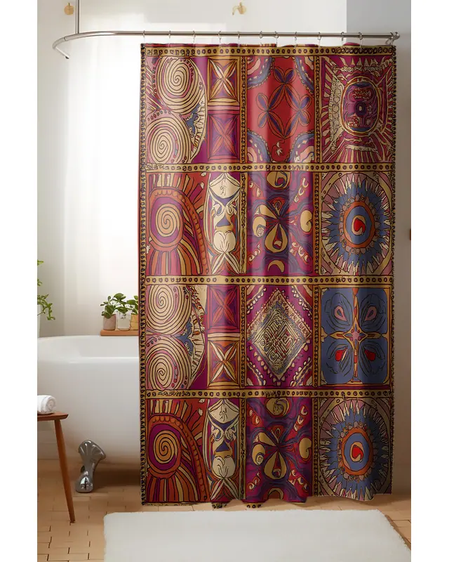 Banyo Perdesi, Kırmızı Otantik Desenli Duş Perdesi, Küvet Perdesi, Halka Hediyeli 175x200cm BP-06