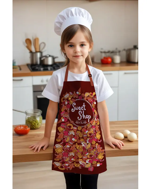 Çocuk Mutfak Önlüğü, Aktivite Önlüğü, Desenli Mutfak Önlüğü, 55 cm Boy 40 cm Genişlik Çocuk Önlüğü