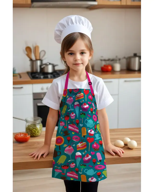 Çocuk Mutfak Önlüğü, Aktivite Önlüğü, Desenli Mutfak Önlüğü, 55 cm Boy 40 cm Genişlik Çocuk Önlüğü