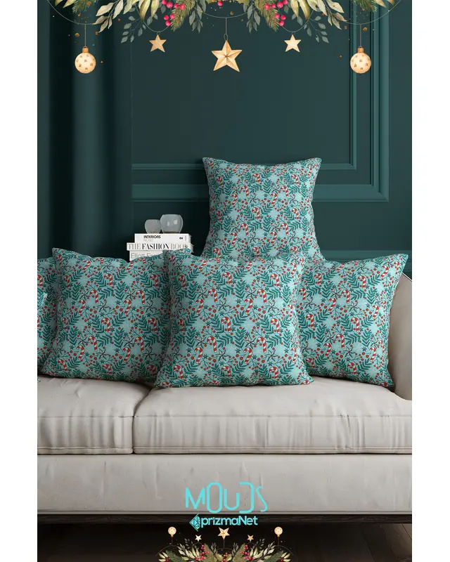 Double-Sided Printed Set of 4 Kokina Blue Şeker Kamışı Christmas Pattern Cushion Cover New Year PL1130-4LÜ