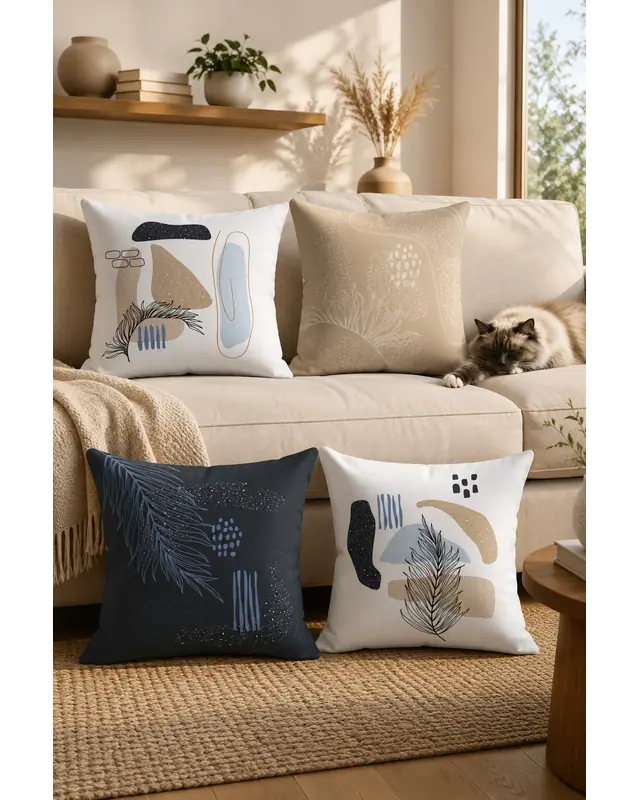 Double-Sided Printed Tüy Series Pattern Set of 4 Coordinated Suede Cushion Cover - PLG157 - 8