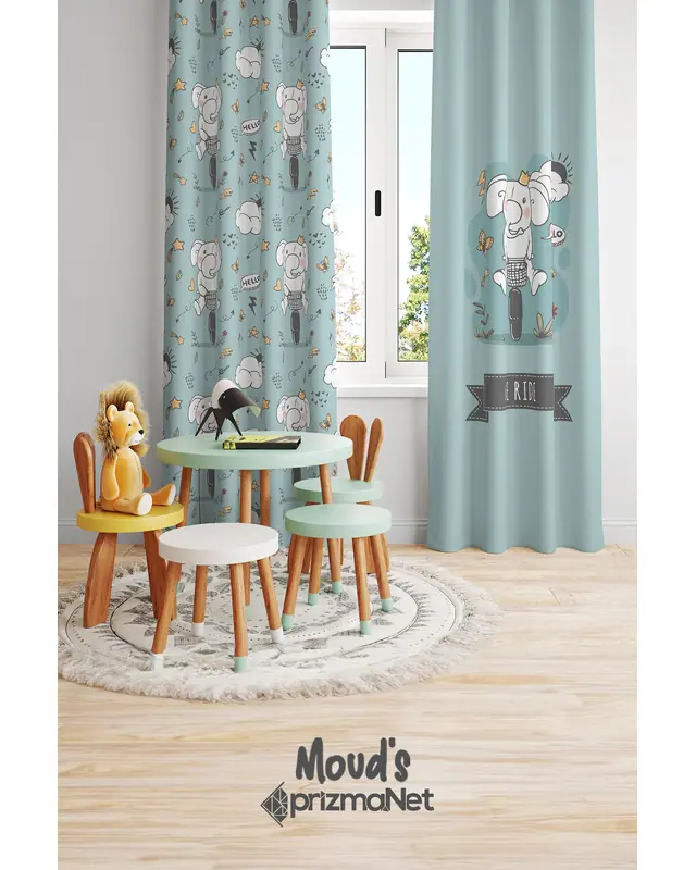 Cycling Elephant Patterned Printed Kids' and Baby Room Decorative Curtain - Set of 2 Panels - PRD-30 - 2