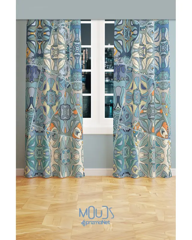 Anatolia 5 Patterned Suede Living Room Decorative Curtain Printed Pencil Pleat Body - Set of 2 Panels - PRD-1015 - 2