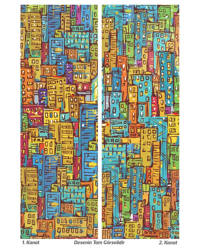 City Art Patterned Suede Living Room Decorative Curtain Printed Pencil Pleat Body - Set of 2 Panels - PRD-1092 - 3