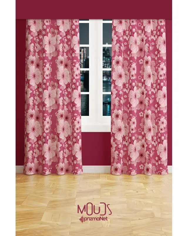 Pembe Çiçek 2 Desenli Süet Oturma Odası Salon Fon Perde Baskılı Ekstrafor Büzgü 2 Kanat PRD-1041 - 2