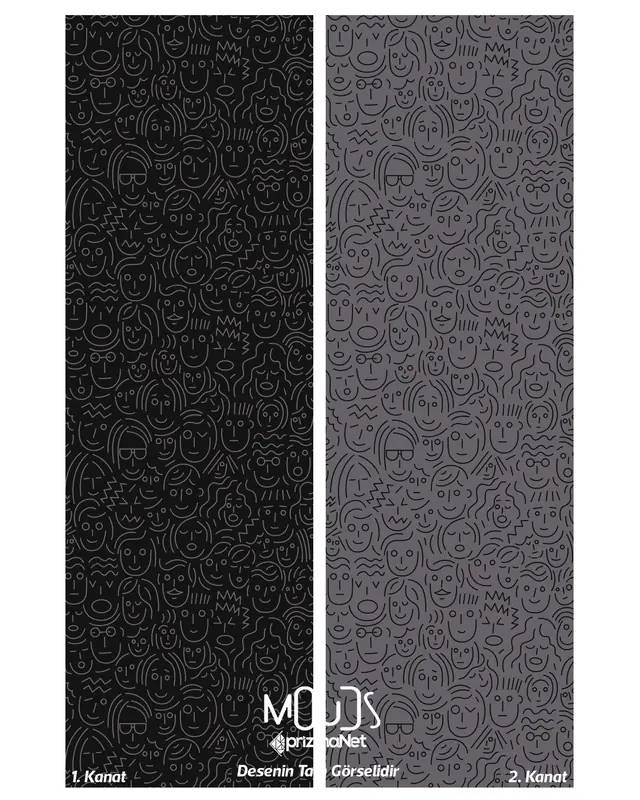 Black Faces Patterned Suede Living Room Decorative Curtain Printed Pencil Pleat Body - Set of 2 Panels - PRD-1070 - 2