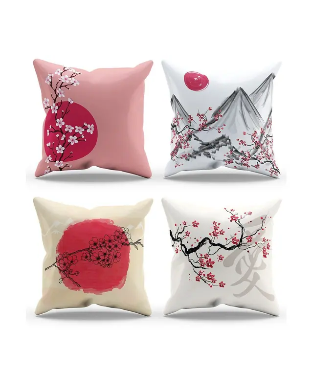 Çift Tarafı Baskılı Blossom Japan Desenli 4'lü Kombin Süet Kırlent Kılıfı - 3
