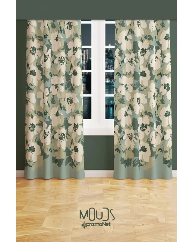 Green Floral Patterned Suede Living Room Decorative Curtain Printed Pencil Pleat - Set of 2 Panels - PRD-1037 - 2