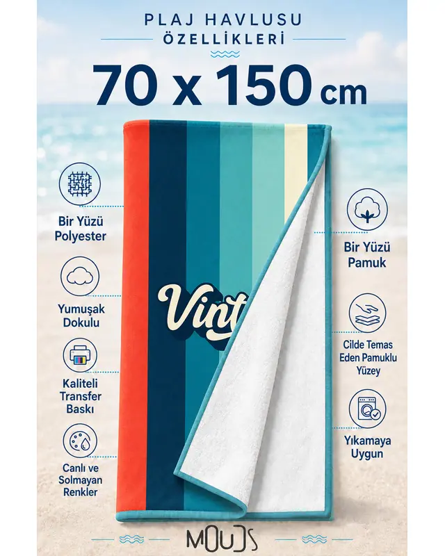Dijital Baskılı 70x150cm Retro Kuşak Desenli Plaj Havlusu - Banyo Havlusu - Deniz Havlusu - 2