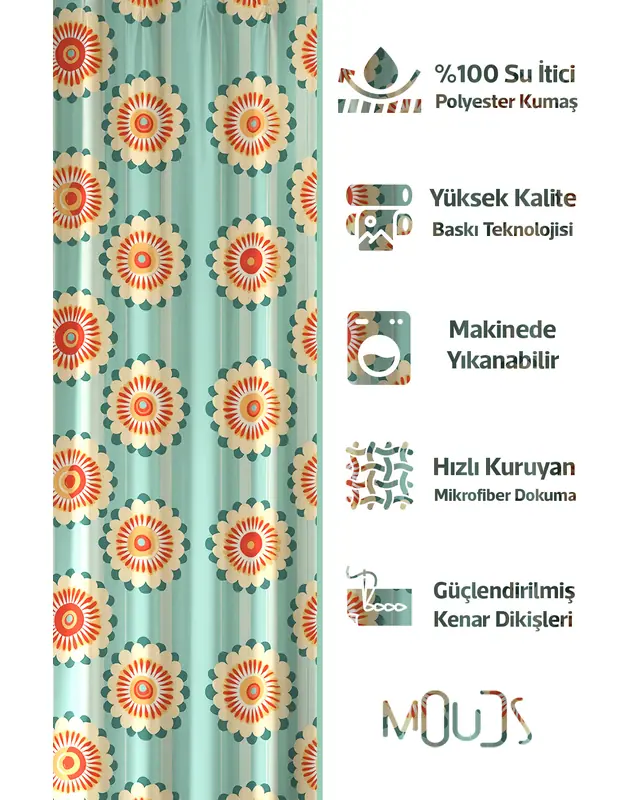 Banyo Perdesi, Turkuaz Bahar Desenli Duş Perdesi, Küvet Perdesi, Halka Hediyeli 175x200cm BP-41 - 2
