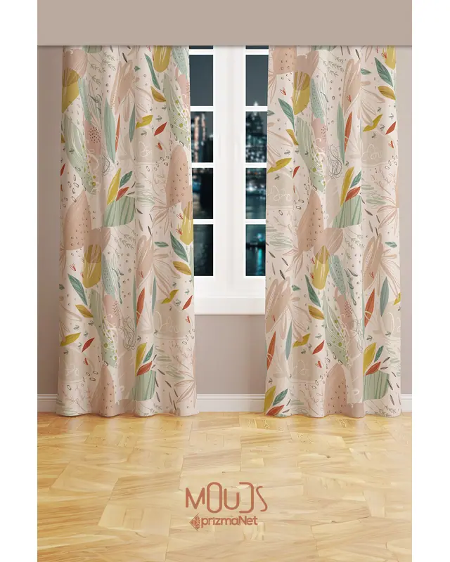 Xero Floral 2 Patterned Suede Living Room Decorative Curtain Printed Pencil Pleat - Set of 2 Panels - PRD-1080 - 2