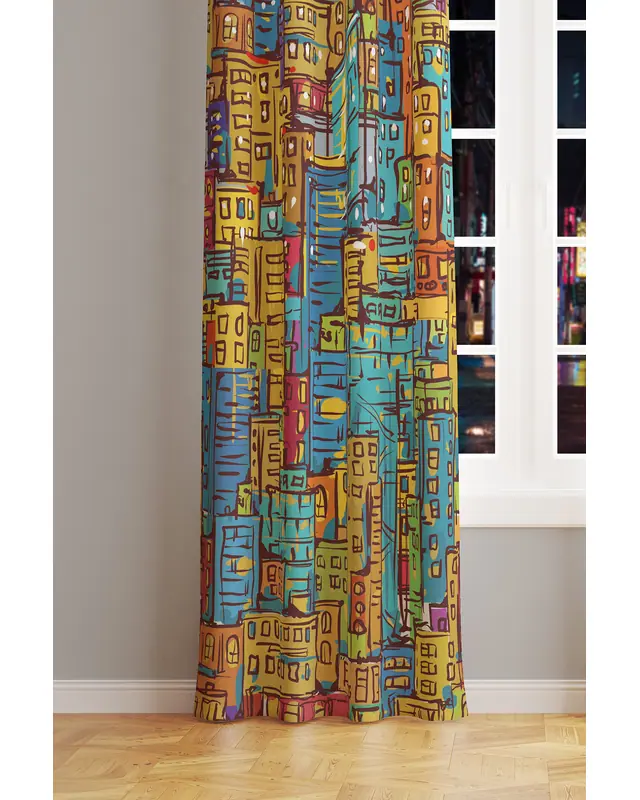 City Art Patterned Suede Living Room Decorative Curtain Printed Pencil Pleat - Single Panel - PRD-1092-TK - 2