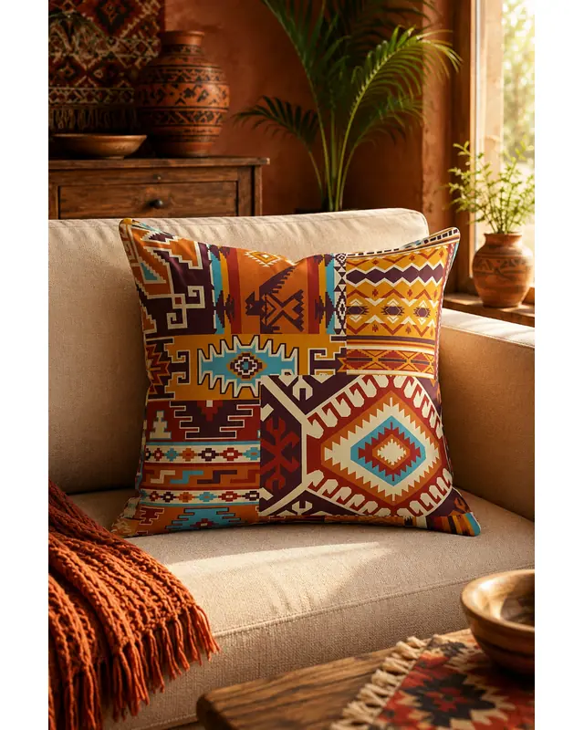 Çift Tarafı Baskılı Etnik Kilim Desenli 4'lü Kombin Süet Kırlent Kılıfı - 4