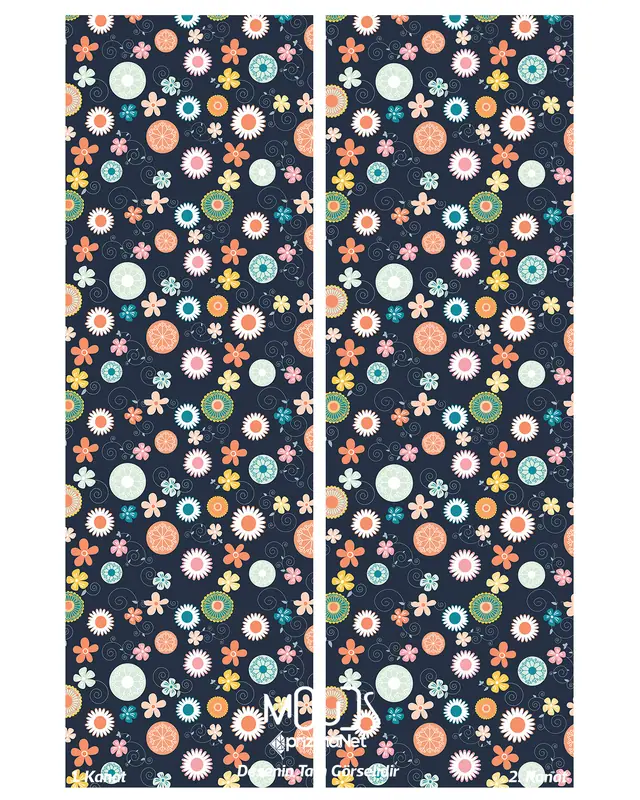 Navy Floral Patterned Suede Living Room Decorative Curtain Printed Pencil Pleat - Set of 2 Panels - PRD-1021 - 3