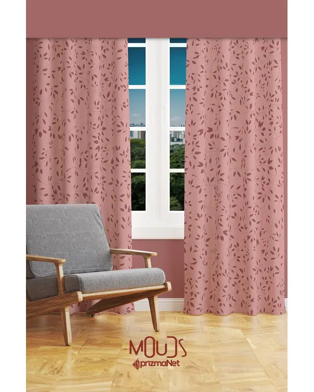 Bordo Ağaç Dalları Desenli Süet Oturma Odası Salon Fon Perde Ekstrafor Büzgü 2 Kanat PRD-1066 - 2