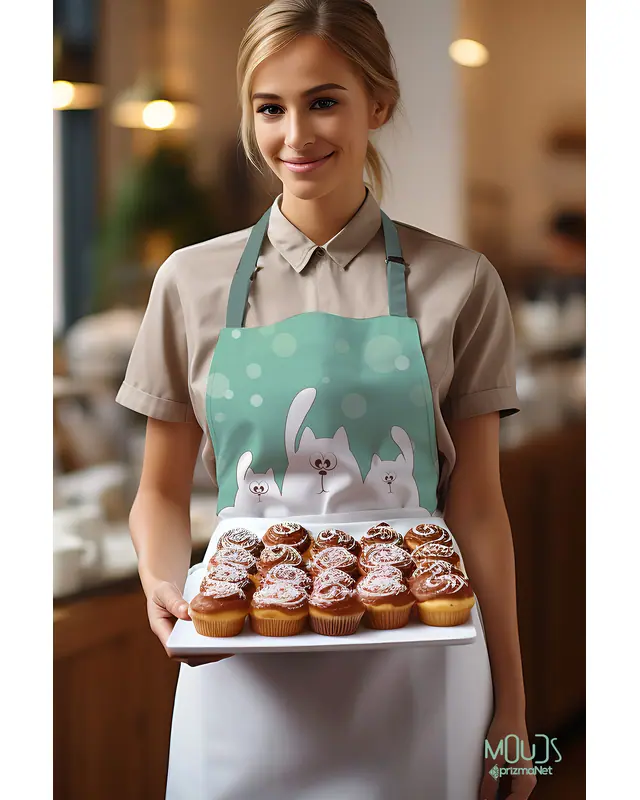 Suede Textured Fabric Cats Gang Patterned Kitchen Apron, Chef Apron, Waiter Cover, Restaurant Apron - MTF-34 - 3