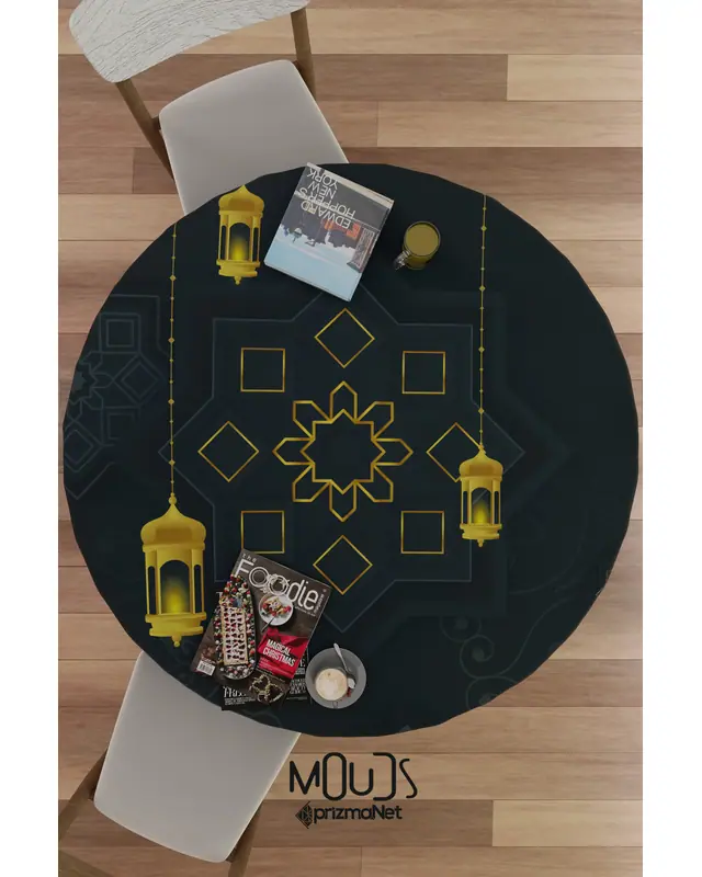 Ramazan Siyah Sekizgen Desenli Süet Kumaş Dertsiz Yuvarlak Masa Örtüsü Ramadan - 2