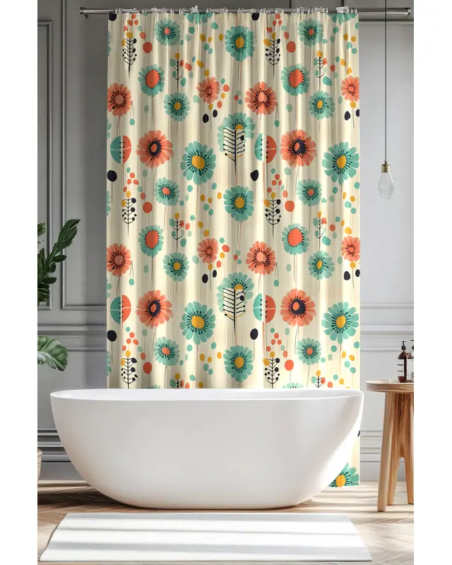 Banyo Perdesi, Retro Bahar Çiçeği Desenli Duş Perdesi, Küvet Perdesi, Halka Hediyeli 175x200cm BP-40