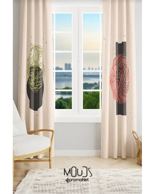 Minimal Art Patterned Suede Living Room Decorative Curtain Printed Pencil Pleat Body - Set of 2 Panels - PRD-1113
