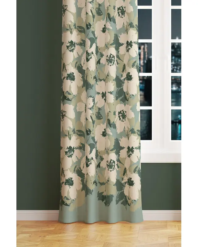 Green Floral Patterned Suede Living Room Decorative Curtain Printed Pencil Pleat - Single Panel - PRD-1037-TK