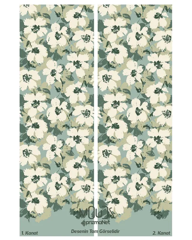Green Floral Patterned Suede Living Room Decorative Curtain Printed Pencil Pleat - Set of 2 Panels - PRD-1037 - 3
