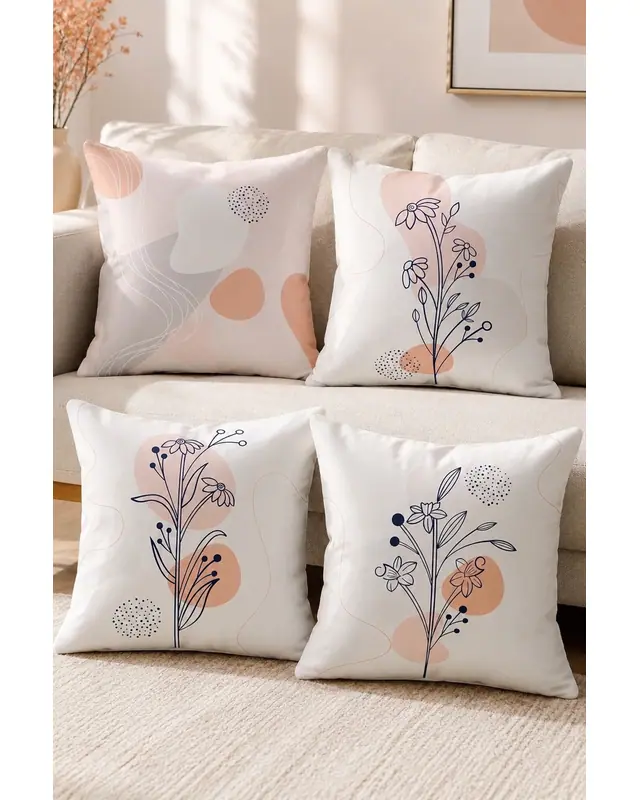 Çift Tarafı Baskılı Basic Flower Desenli 4'lü Kombin Süet Kırlent Kılıfı