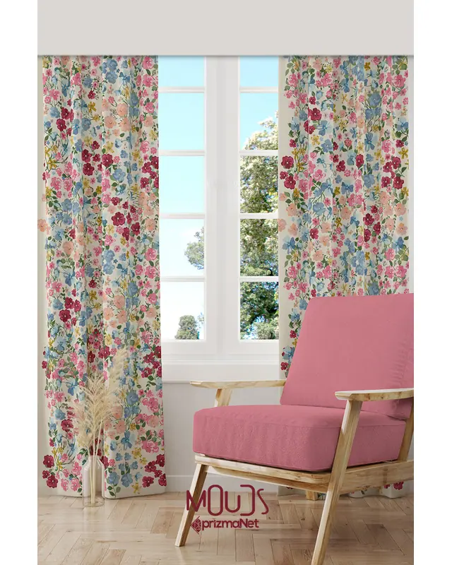 Colorful Pastel Flower Suede Living Room Decorative Curtain Printed Pencil Pleat - Set of 2 Panels - PRD-1026