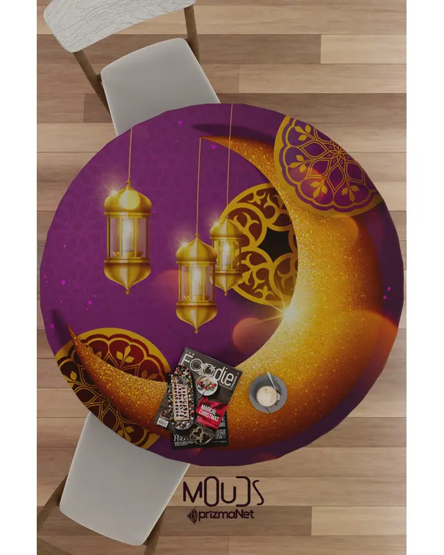 Ramazan Mor Ay Desenli Süet Kumaş Dertsiz Yuvarlak Masa Örtüsü Ramadan - 2