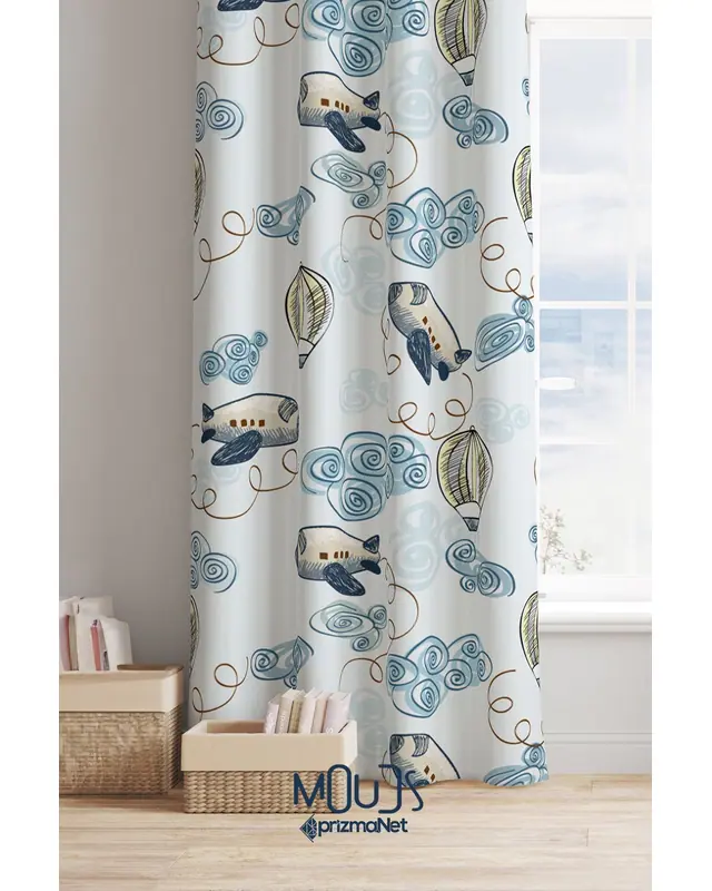 Blue Aircraft Patterned Decorative Curtain Kids' and Baby Room Digital Printed Suede Pencil Pleat - Single Panel - PRD-19-TK - 3