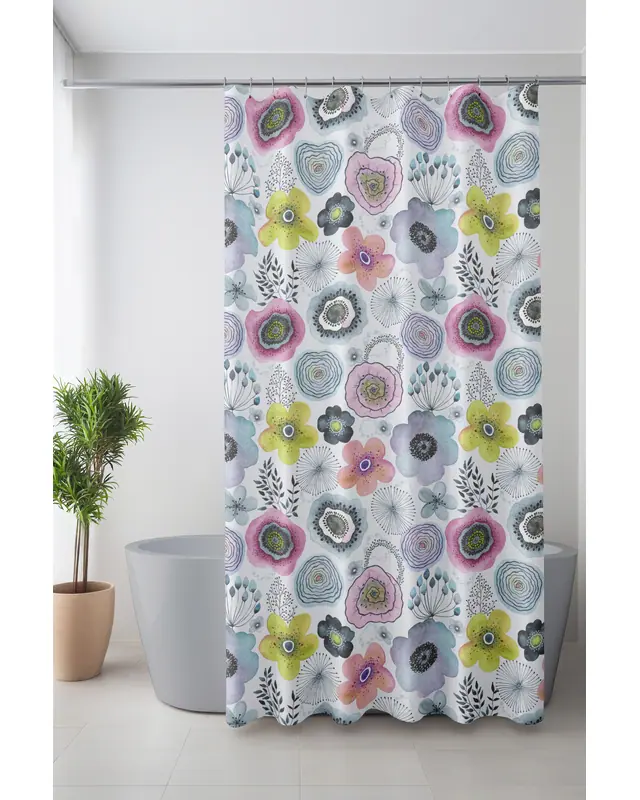 Banyo Perdesi, Su Çiçeği Desenli Duş Perdesi, Küvet Perdesi, Halka Hediyeli 175x200cm BP-99