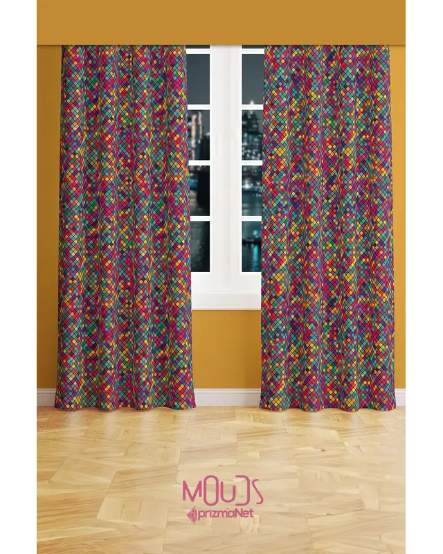 Colorful Small Square Patterned Suede Living Room Salon Decorative Curtain Printed Pencil Pleat Lanyard - Set of 2 Panels - PRD-1004 - 2