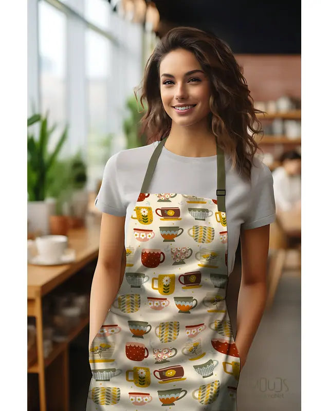 Suede Textured Fabric Colorful Cups Patterned Kitchen Apron, Chef Apron, Waiter Cover, Restaurant Apron - MTF-60 - 2