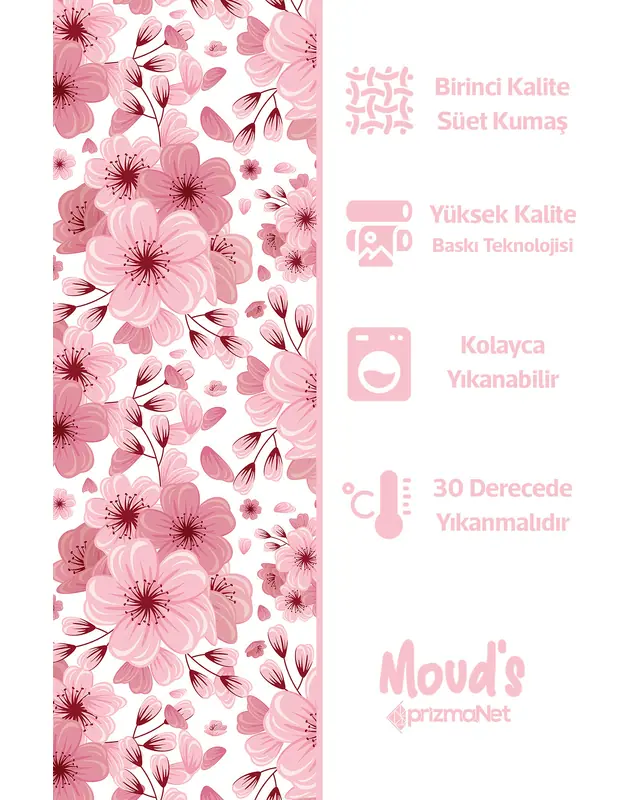 Pembe Çiçek Desenli Süet Dertsiz Masa Örtüsü - 2