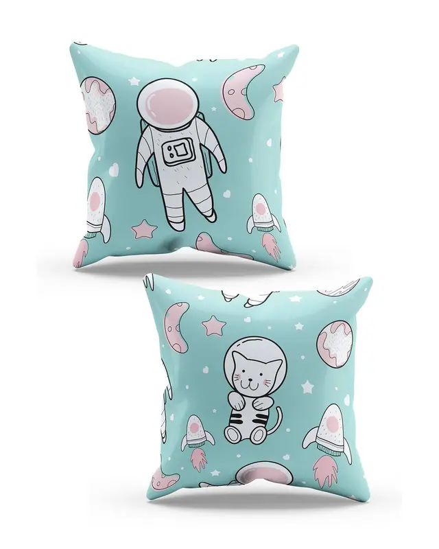 2'li Astronaut Cat Pattern Double-Sided Printed Suede Cushion Cover Set