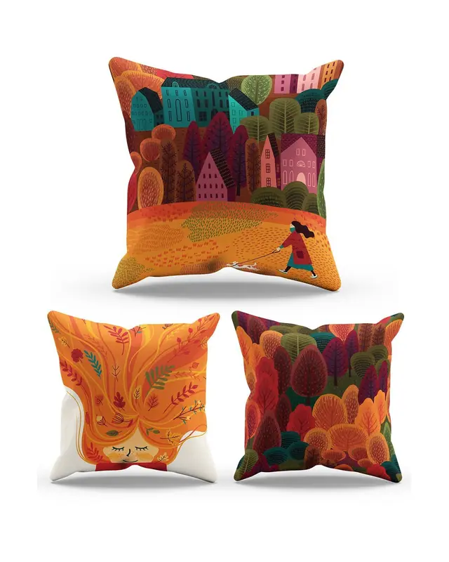 Double-Sided Printed Sonbahar Pattern Set of 3 Coordinated Suede Cushion Cover - 5