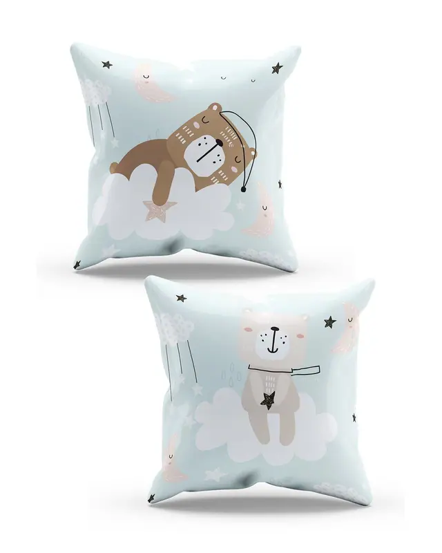 2'li Sleepy Ayıcık Pattern Double-Sided Printed Suede Cushion Cover Set