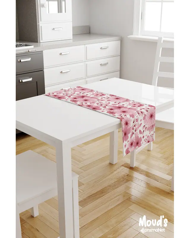 Pink Floral Pattern Printed Suede Table Runner - 2