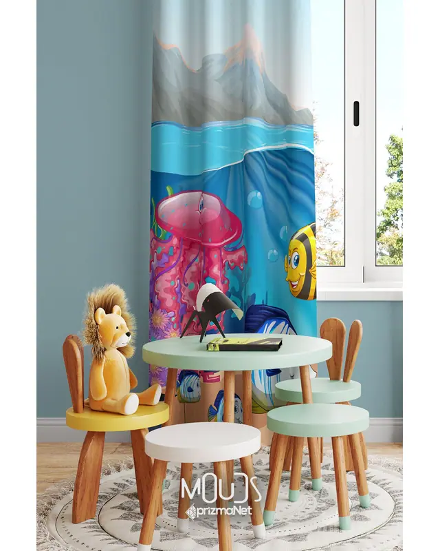 Marine Animals Patterned Decorative Curtain Kids' and Baby Room Suede Digital Printing Pencil Pleat Off-Bridge - Single Panel - PRD-71-TK - 3