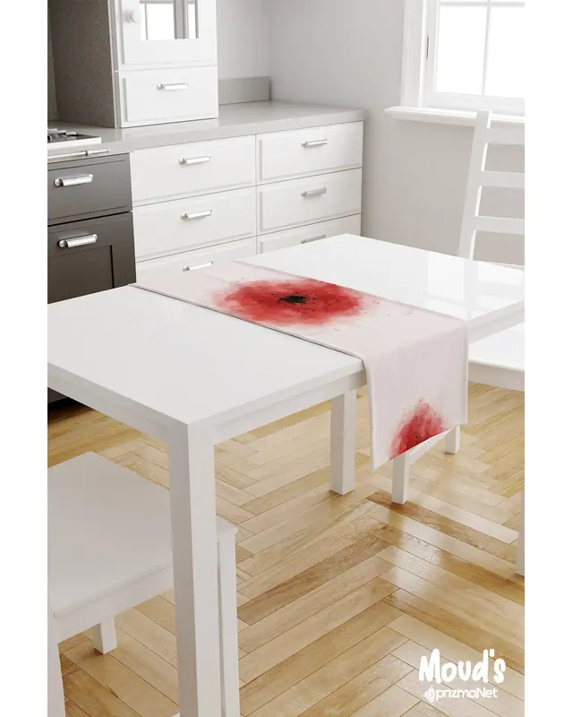 Poppy Red Desenli Baskılı Süet Runner Masa Örtüsü - 2