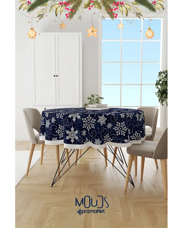 Navy Blue Snowflakes Christmas Round Easy-Care Suede-Feel Tablecloth - MSY-213 - 2