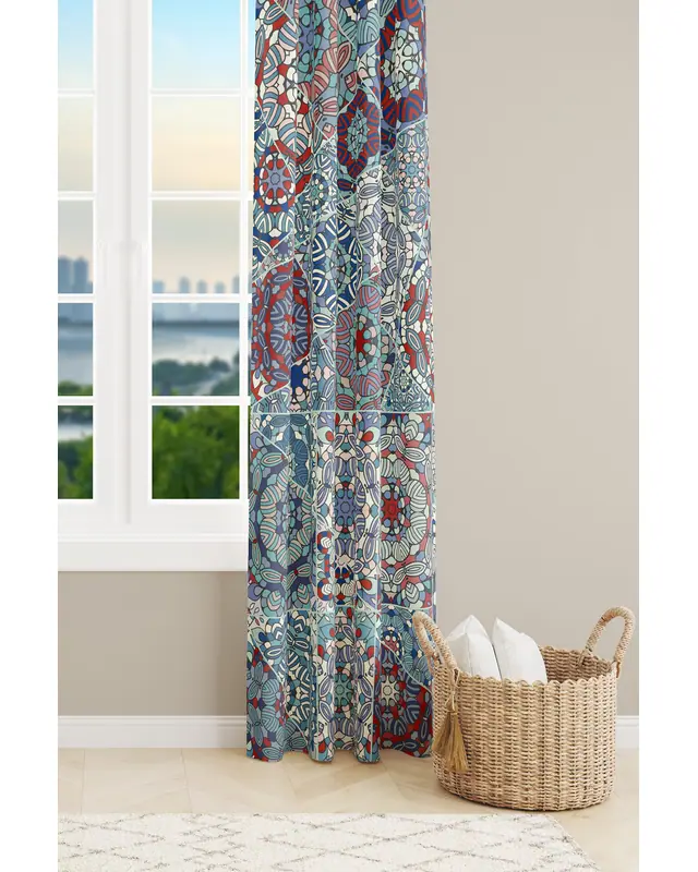 Mosque Tiles 1 Patterned Suede Living Room Decorative Curtain Pencil Pleat - Single Panel - PRD-1086-TK