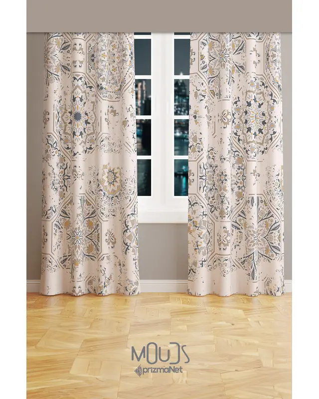 Anatolia 4 Patterned Suede Living Room Decorative Curtain Printed Pencil Pleat Body - Set of 2 Panels - PRD-1012 - 2