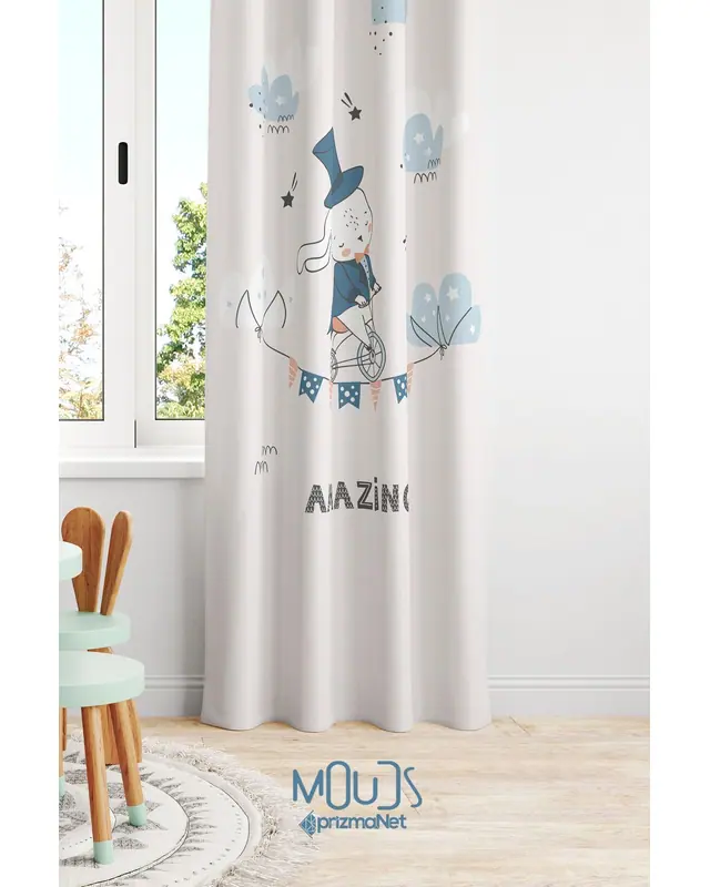 Hokkabaz Dogcik Patterned Decorative Curtain Kids' and Baby Room Printed Suede Pencil Pleat - Single Panel - PRD-22-TK - 3